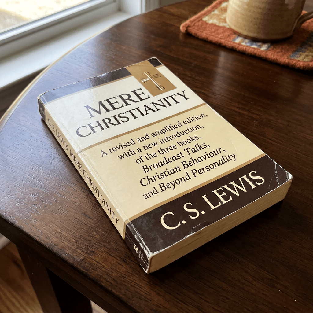 Paperback copy of C. S. Lewis’s Mere Christianity on a wooden table
