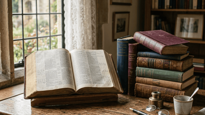 Open antique book beside stacked books on a wooden study table