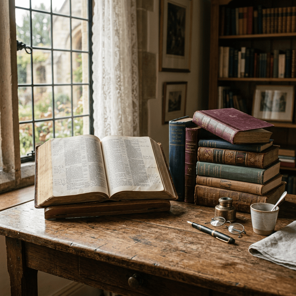 Open antique book beside stacked books on a wooden study table