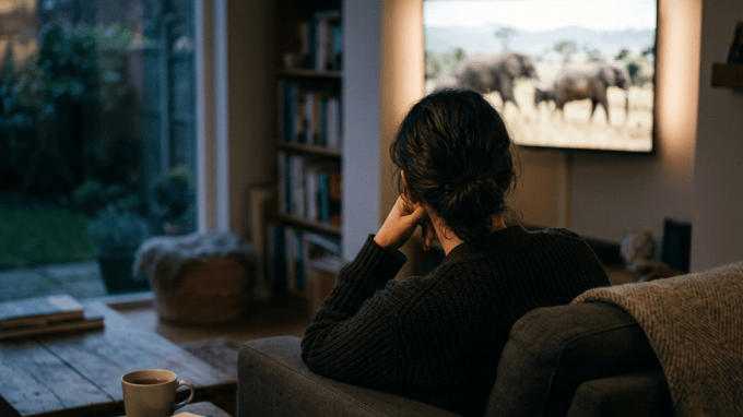 Person watching elephants on television beside a journal and coffee