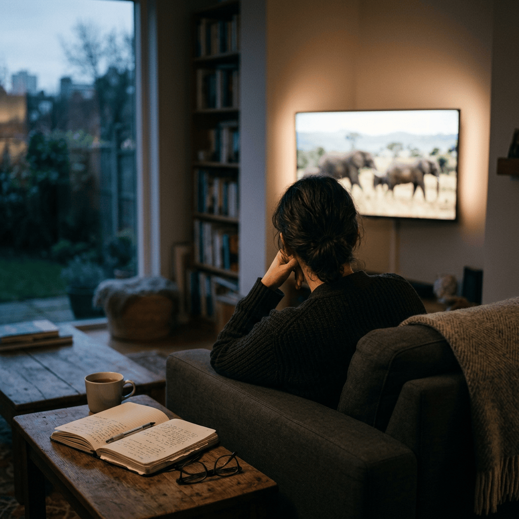 Person watching elephants on television beside a journal and coffee