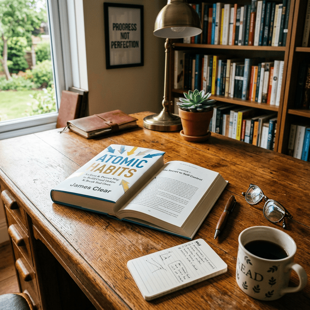 Atomic Habits book, journal, pen, coffee, and glasses on a wooden desk