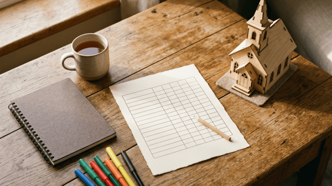 Wooden table with tea, stationery, grid paper, and church model