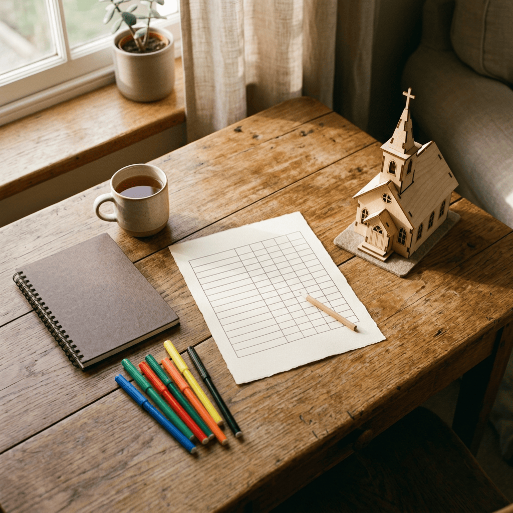 Wooden table with tea, stationery, grid paper, and church model