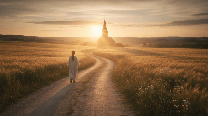 A wide, cinematic scene of a lone figure walking along a sunlit path toward the horizon, with a church steeple visible in the warm distance. The mood is hopeful and purposeful — golden hour lighting, open road, subtle biblical undertones. Clean, modern editorial style suitable for a Christian blog post.