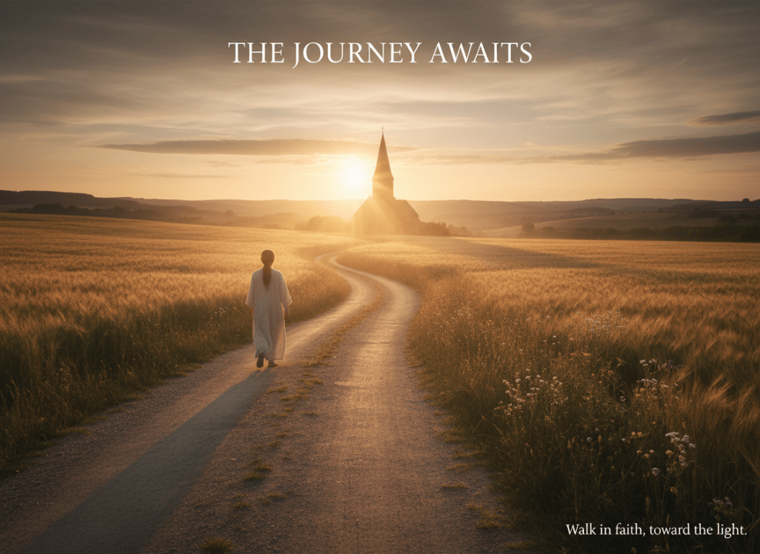 A wide, cinematic scene of a lone figure walking along a sunlit path toward the horizon, with a church steeple visible in the warm distance. The mood is hopeful and purposeful — golden hour lighting, open road, subtle biblical undertones. Clean, modern editorial style suitable for a Christian blog post.