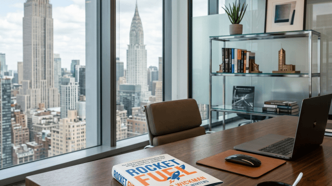 Office desk with laptop, coffee, Rocket Fuel book, and Empire State Building view