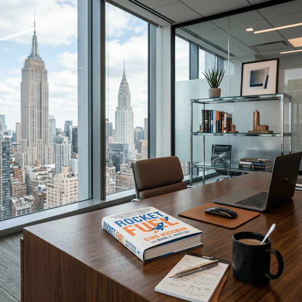 Office desk with laptop, coffee, Rocket Fuel book, and Empire State Building view