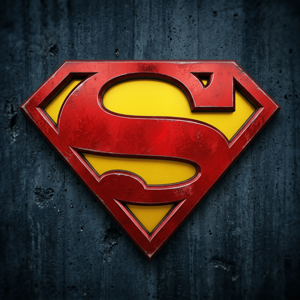 Weathered red and yellow Superman shield emblem on a dark wall